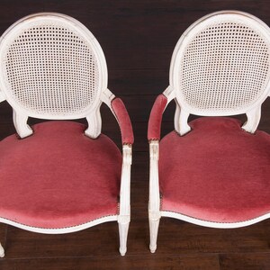 Antique French Louis XVI Style Painted Armchairs W/ Cane Back and Pink Mohair a Pair image 4