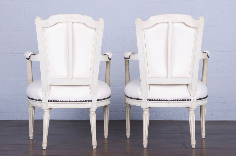Antique French Louis XVI Style Painted Armchairs W/ White Wool A Pair image 10