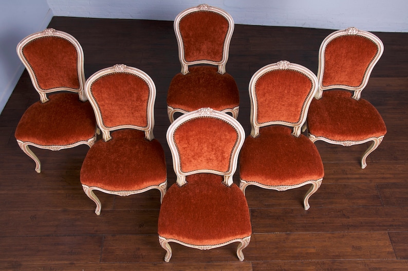 Antique French Louis XV Style Painted Dining Chairs W/ Burnt Orange Fabric Set of 6 image 2