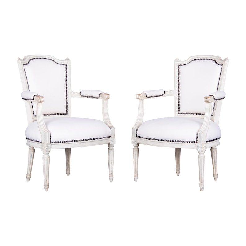 Antique French Louis XVI Style Painted Armchairs W/ White Wool A Pair image 1