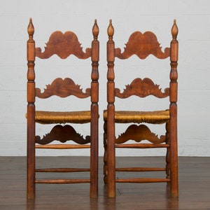 Antique Spanish Country Style Carved Ladder Back Maple Rush Dining Chairs Set of 6 image 10