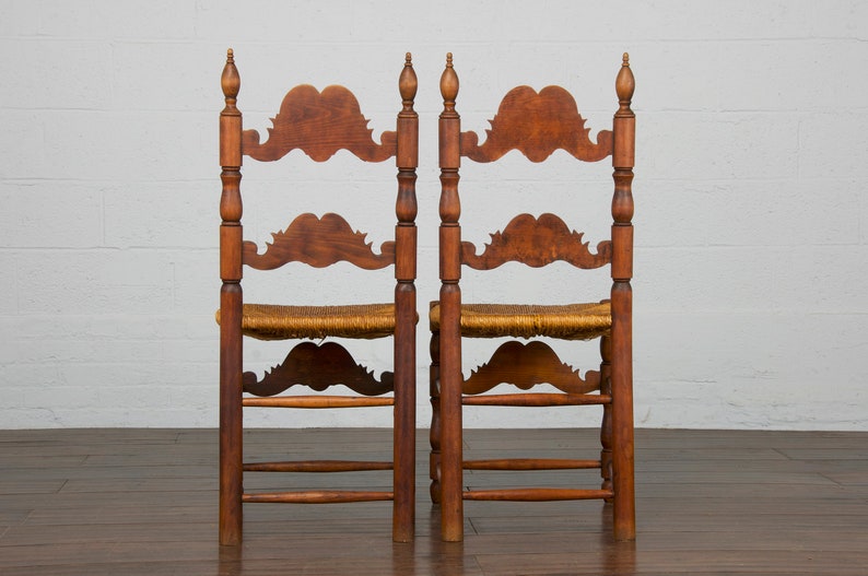 Antique Spanish Country Style Carved Ladder Back Maple Rush Dining Chairs Set of 6 image 10