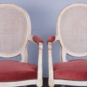 Antique French Louis XVI Style Painted Armchairs W/ Cane Back and Pink Mohair a Pair image 3