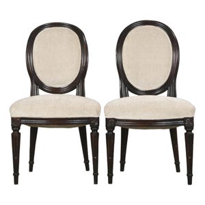 Antique French Louis XVI Style Maple Side Chairs in Beige Chenille - A Pair