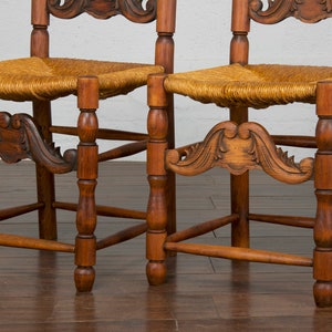 Antique Spanish Country Style Carved Ladder Back Maple Rush Dining Chairs Set of 6 image 9