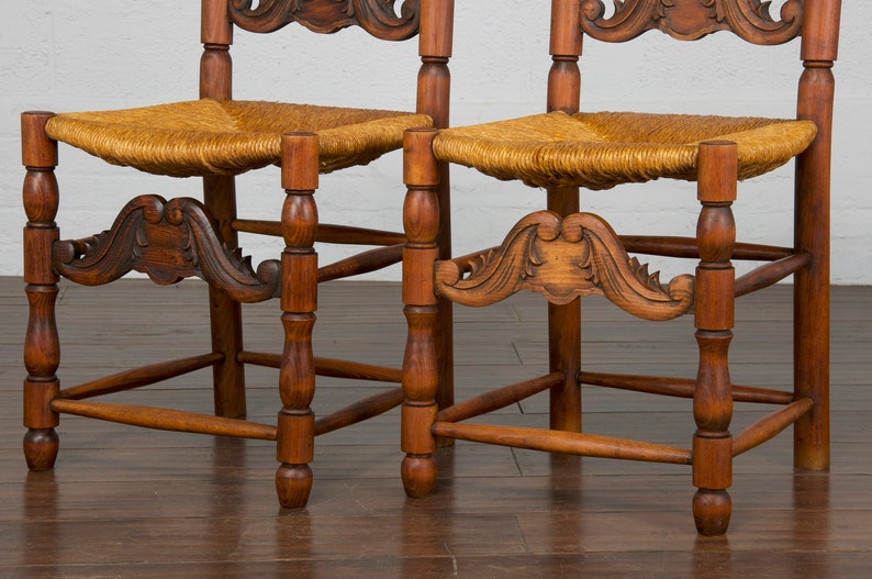 Antique Spanish Country Style Carved Ladder Back Maple Rush Dining Chairs Set of 6 image 9