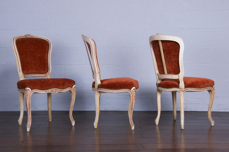 Antique French Louis XV Style Painted Dining Chairs W/ Burnt Orange Fabric Set of 6 image 3