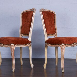 Antique French Louis XV Style Painted Dining Chairs W/ Burnt Orange Fabric Set of 6 image 6