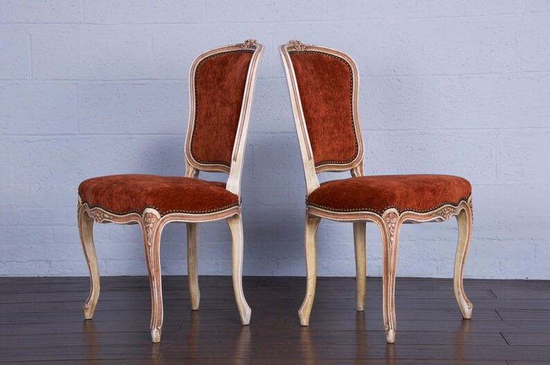 Antique French Louis XV Style Painted Dining Chairs W/ Burnt Orange Fabric Set of 6 image 6