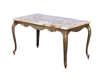 Antique French Louis XV Style Provincial Brass Coffee Table W/ Onyx Marble