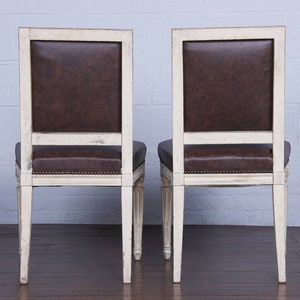 French Maurice Hirsch Louis XVI Style Painted Square Back Dining Chairs W/ Brown Leather Set of 6 Signed image 10