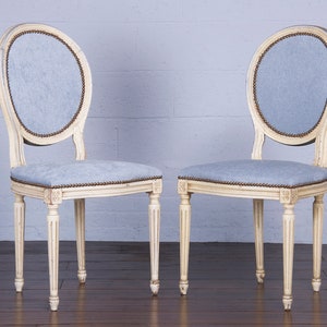 Antique French Louis XVI Style Provincial Painted Dining Chairs W/ Dusty Blue Chenille Set of 6 image 5