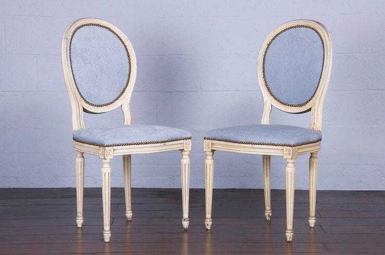 Antique French Louis XVI Style Provincial Painted Dining Chairs W/ Dusty Blue Chenille Set of 6 image 5