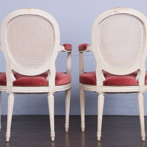 Antique French Louis XVI Style Painted Armchairs W/ Cane Back and Pink Mohair a Pair image 10