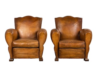 1920s French Art Deco Scalloped Back Club Chairs in Caramel Leather – A Pair