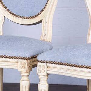 Antique French Louis XVI Style Provincial Painted Dining Chairs W/ Dusty Blue Chenille Set of 6 image 8