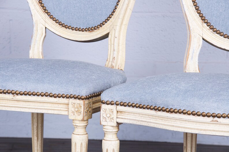 Antique French Louis XVI Style Provincial Painted Dining Chairs W/ Dusty Blue Chenille Set of 6 image 8