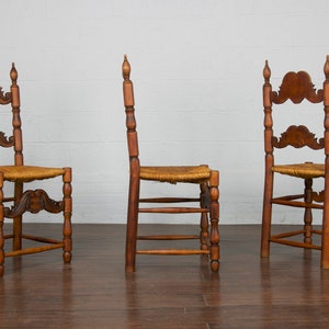 Antique Spanish Country Style Carved Ladder Back Maple Rush Dining Chairs Set of 6 image 4