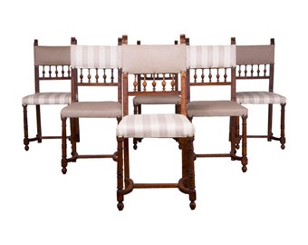 Antique French Renaissance Henry II Style Walnut Dining Chairs W/ Linen Fabric - Set of 6
