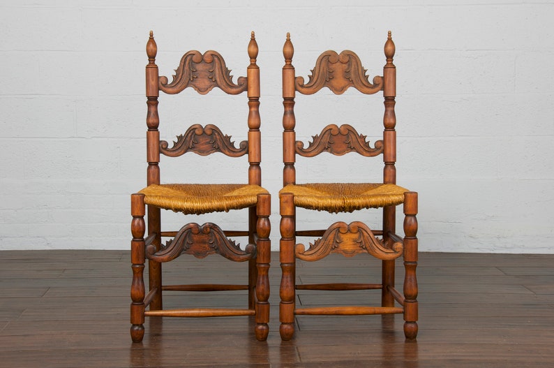 Antique Spanish Country Style Carved Ladder Back Maple Rush Dining Chairs Set of 6 image 5