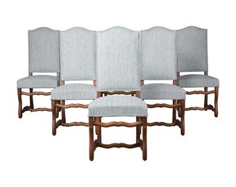 Antique French Louis XIII Os De Mouton Style Oak Dining Chairs W/ Striped Mint Chenille - Set of 6