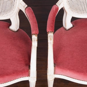 Antique French Louis XVI Style Painted Armchairs W/ Cane Back and Pink Mohair a Pair image 5