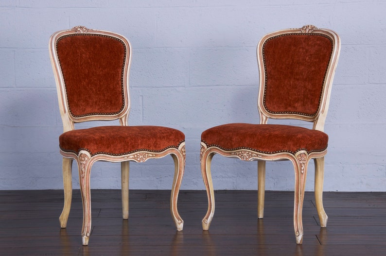 Antique French Louis XV Style Painted Dining Chairs W/ Burnt Orange Fabric Set of 6 image 4