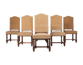 Antique French Louis XIII Style Maple Barley Twist Dining Chairs W/ Beige Velvet - Set of 6