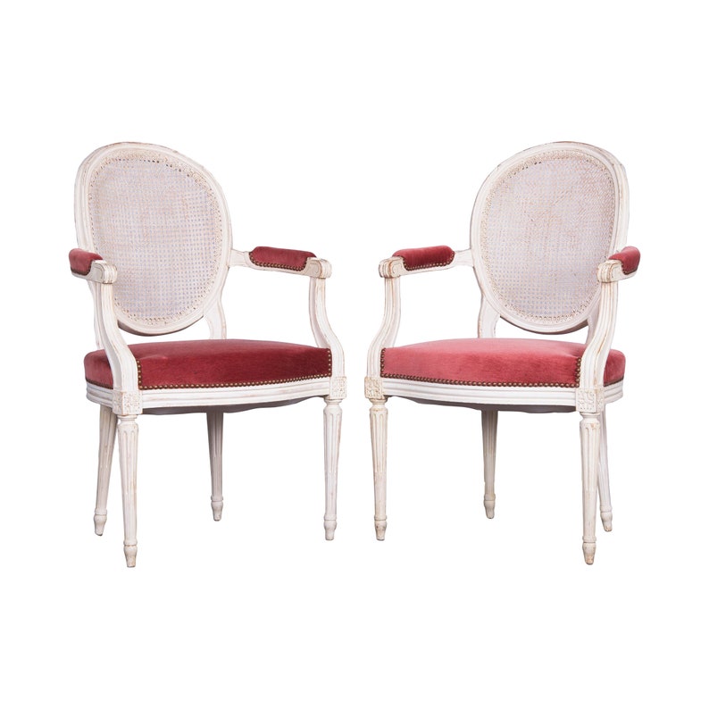 Antique French Louis XVI Style Painted Armchairs W/ Cane Back and Pink Mohair a Pair image 1