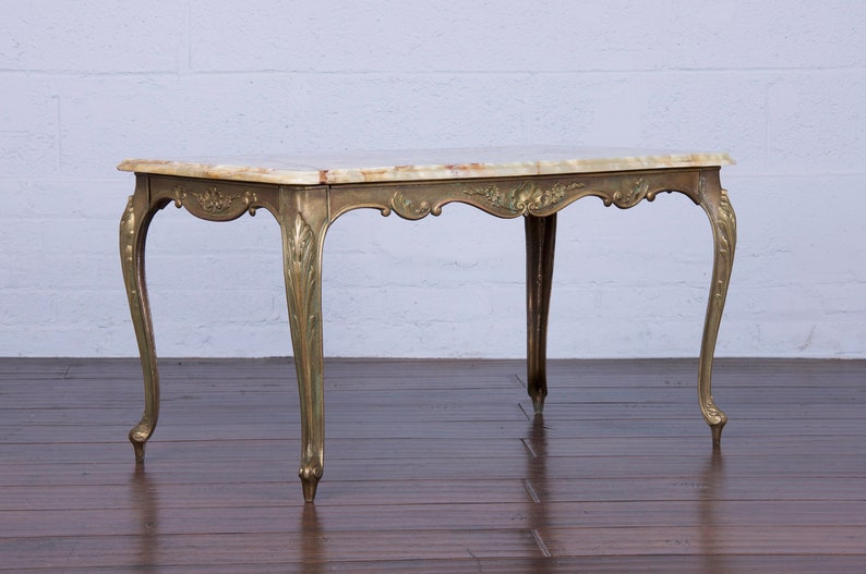 Antique French Louis XV Style Provincial Brass Coffee Table W/ Onyx Marble image 10