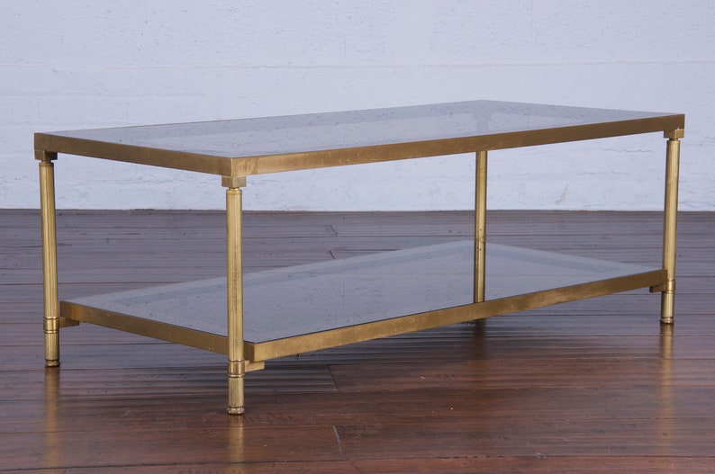 French Neoclassical Style Brass Coffee Table W/ Mirrored Smoked Glass Top image 8