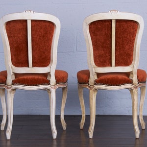 Antique French Louis XV Style Painted Dining Chairs W/ Burnt Orange Fabric Set of 6 image 10