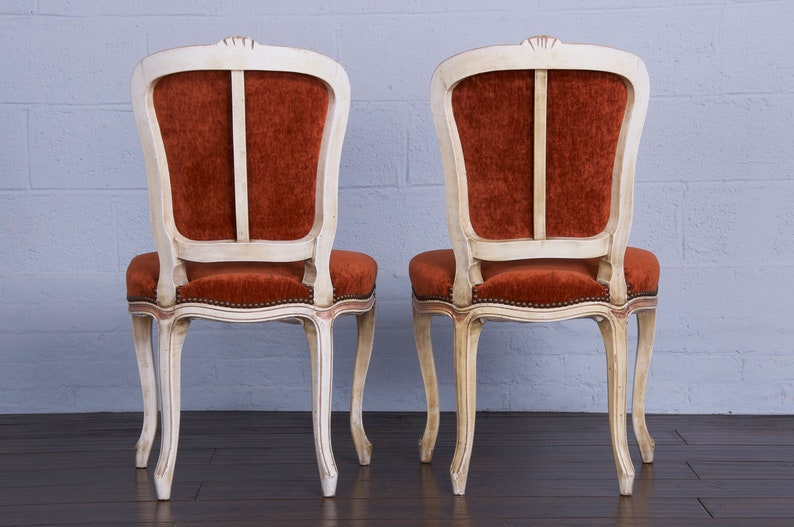 Antique French Louis XV Style Painted Dining Chairs W/ Burnt Orange Fabric Set of 6 image 10