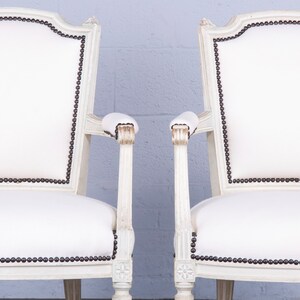 Antique French Louis XVI Style Painted Armchairs W/ White Wool A Pair image 3