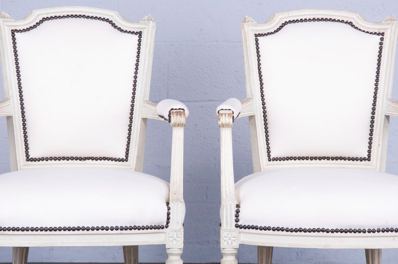 Antique French Louis XVI Style Painted Armchairs W/ White Wool A Pair image 3