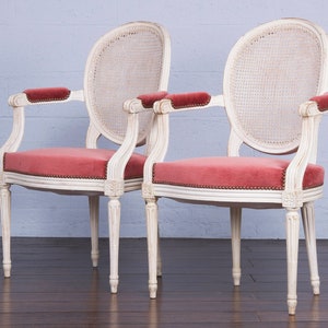 Antique French Louis XVI Style Painted Armchairs W/ Cane Back and Pink Mohair a Pair image 7