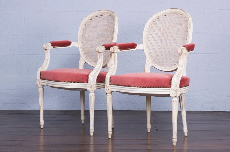 Antique French Louis XVI Style Painted Armchairs W/ Cane Back and Pink Mohair a Pair image 7