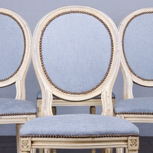 Antique French Louis XVI Style Provincial Painted Dining Chairs W/ Dusty Blue Chenille Set of 6 image 2