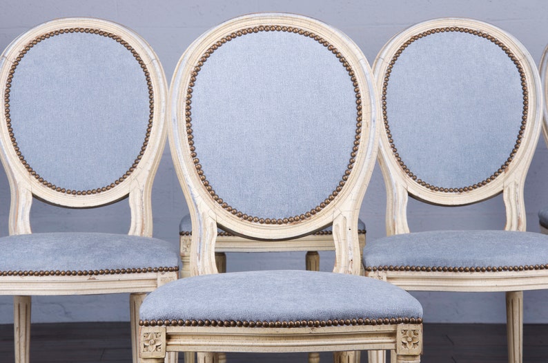 Antique French Louis XVI Style Provincial Painted Dining Chairs W/ Dusty Blue Chenille Set of 6 image 2