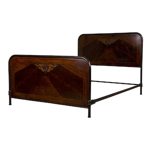 May include: A dark brown wooden bed frame with a geometric design. The frame is made of metal and has a curved headboard and footboard.