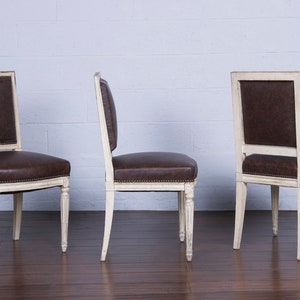 French Maurice Hirsch Louis XVI Style Painted Square Back Dining Chairs W/ Brown Leather Set of 6 Signed image 4