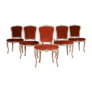 Antique French Louis XV Style Painted Dining Chairs W/ Burnt Orange Fabric Set of 6 image 1