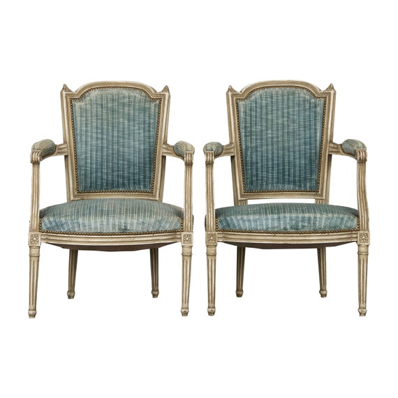 Antique French Louis XVI Style Provincial Painted Dining Chairs W/ Blu -  StandoutSpaces