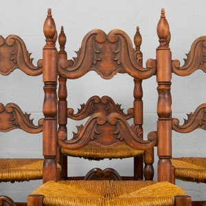 Antique Spanish Country Style Carved Ladder Back Maple Rush Dining Chairs Set of 6 image 2