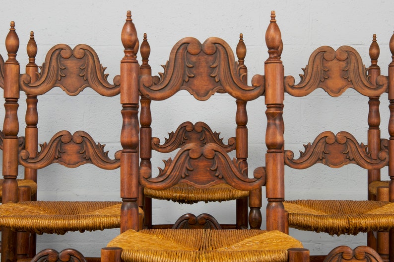 Antique Spanish Country Style Carved Ladder Back Maple Rush Dining Chairs Set of 6 image 2