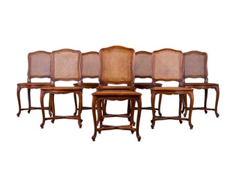 Antique French Louis XV Style Provincial Cherry Wood Cane Dining Chairs - Set of 8