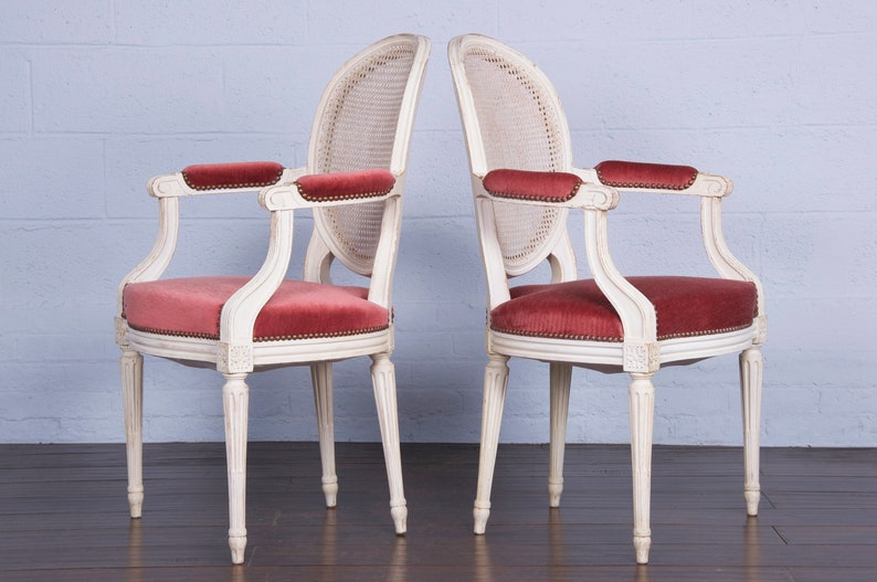 Antique French Louis XVI Style Painted Armchairs W/ Cane Back and Pink Mohair a Pair image 6