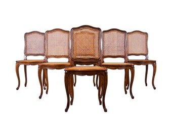 Antique French Louis XV Style Provincial Walnut Wood Cane Dining Chairs - Set of 6