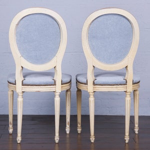 Antique French Louis XVI Style Provincial Painted Dining Chairs W/ Dusty Blue Chenille Set of 6 image 10