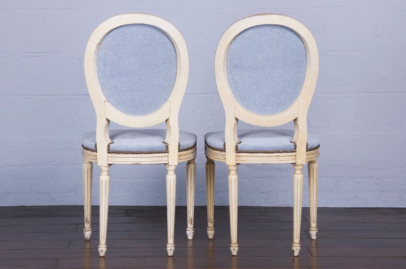 Antique French Louis XVI Style Provincial Painted Dining Chairs W/ Dusty Blue Chenille Set of 6 image 10